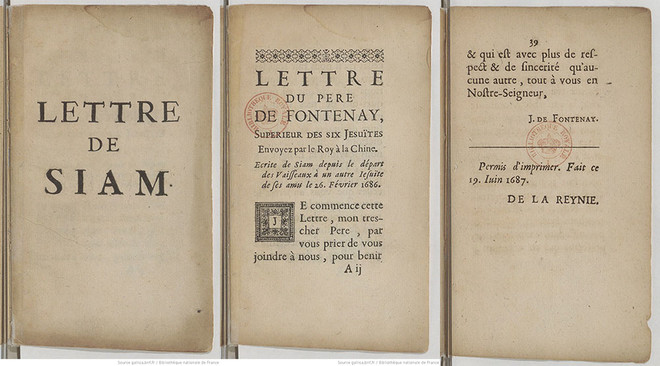 퐁타네가 1686년에 시암(Siam)에서 보낸 편지. (1687년 출판) (이미지 출처 = 프랑스국립도서관 소장본. gallica.bnf.fr)