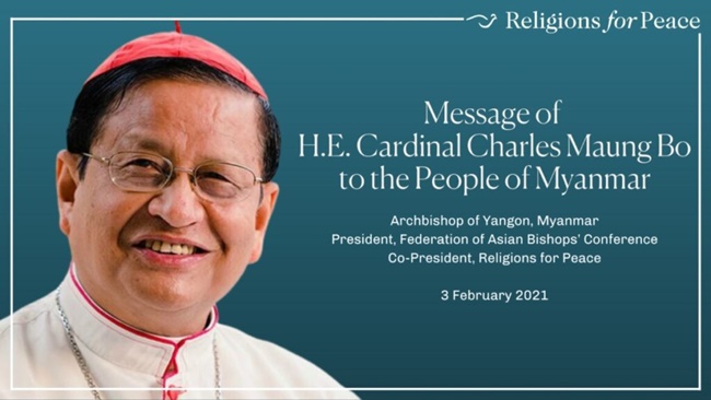 2월 1일 미얀마에서 군부 쿠데타가 일어났다. 미얀마 주교회의 마웅 보 추기경이 쿠데타를 일으킨 군부에 감금된 이들을 풀어주라고 요구하며, 평화적 해법을 강조하는 메시지를 냈다. (이미지 출처 = 한국천주교 여자수도회 장상연합회)
