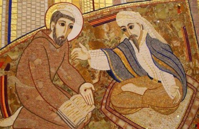 예수회 마르코 루프닉 신부가 그린 프란치스코 성인과 술탄의 만남. (이미지 출처 = 바티칸 뉴스)