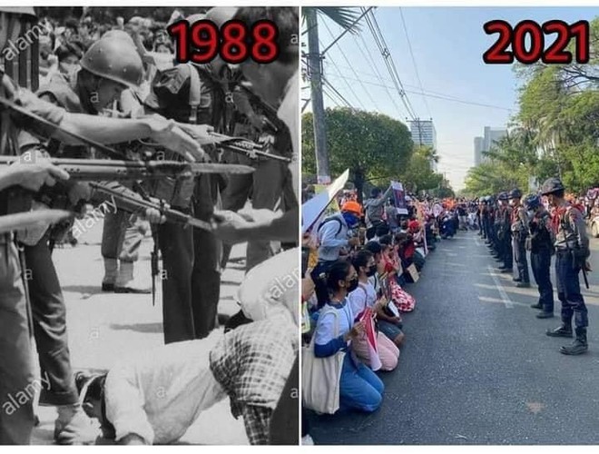 미얀마의 1988년 '8888 항쟁'(왼쪽)은 2021년 반 군부 시민 불복종 운동으로 이어지고 있다. (사진 제공 = 예진)