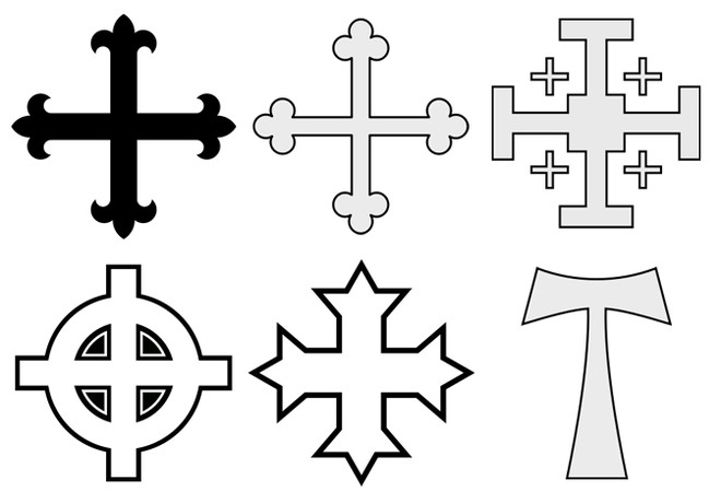 (위에서 오른쪽부터) 백합 십자가, 보토니 십자가, 예루살렘 십자가, 켈트 십자가, 콥트 십자가, 타우 십자가. (이미지 출처 = commons.wikimedia.org, en.wikipedia.org)