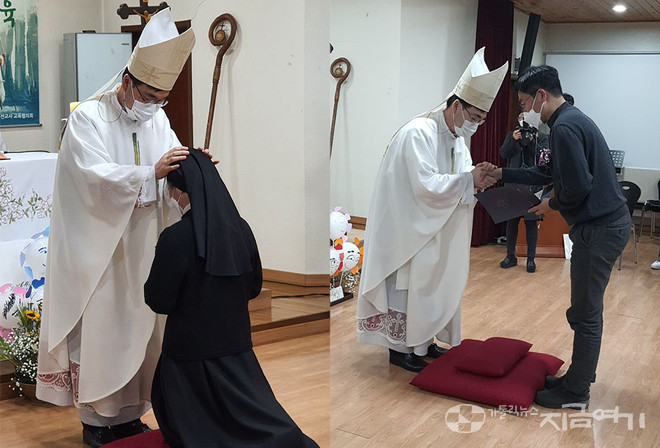 이날 한정현 주교는 19명의 선교사에 안수하고, 수료증을 건넸다. ⓒ김수나 기자