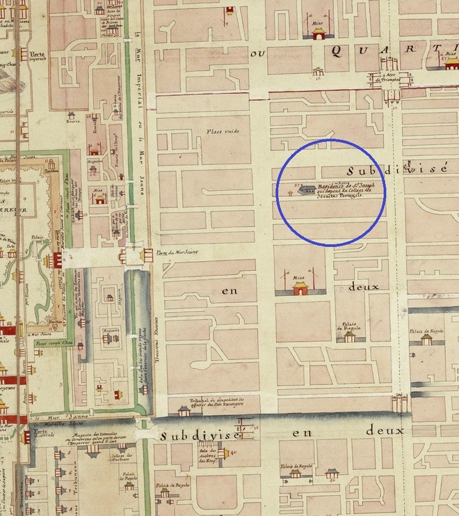 필리프 부아슈(Philippe Buache, 1700-73)가 1752년에 작성한 북경 지도 'Plan de la Tartare et Chinoise de Pekin'에 표시된 동당. (이미지 출처 = 프랑스국립도서관 소장본)