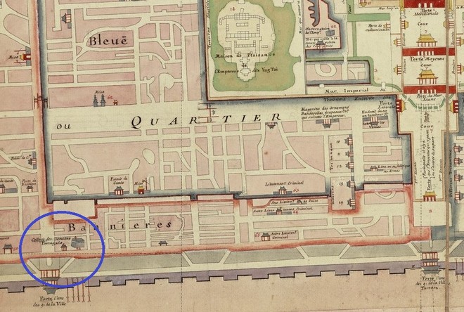 필리프 부아슈(Philippe Buache, 1700-73)가 1752년에 작성한 북경 지도 'Plan de la Tartare et Chinoise de Pekin'에 표시된 남당. ‘서당’으로 불리다가 나중에 ‘남당’으로 개칭된다. (이미지 출처 = 프랑스국립도서관 소장본)