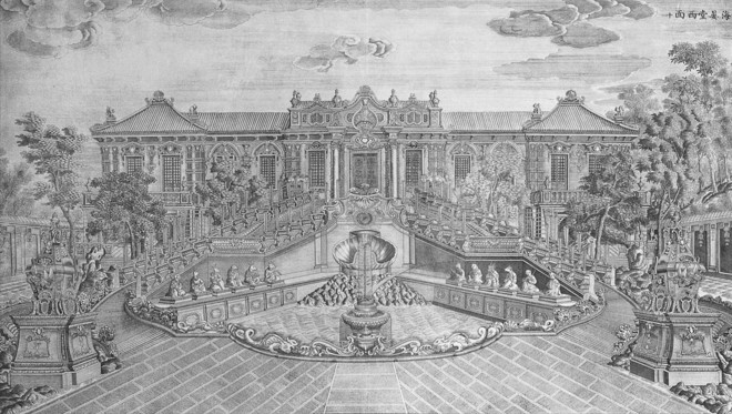 원명원(圓明園)의 서양루(西洋樓) 가운데 하나인 ‘해안당’(海晏堂) 동판화. 원명원 서양루는 건륭 연간에 건립되었다. 북당의 예수회 선교사 브누아(Michel Benoist, 蔣友仁, 1715-74)와 카스틸리오네(Giuseppe Castiglione, 郞世寧, 1688-1766)가 공동으로 설계한 건축이다. 그 모델은 베르사유 궁전이었다. 원명원 서양루는 제2차 아편전쟁 때 파괴되었다. 1856년, 영국-프랑스 연합군이 북경에 침입했다. 그때 원명원은 철저하게 파괴되고 약탈되었다. (이미지 출처: en.wikipedia.org)