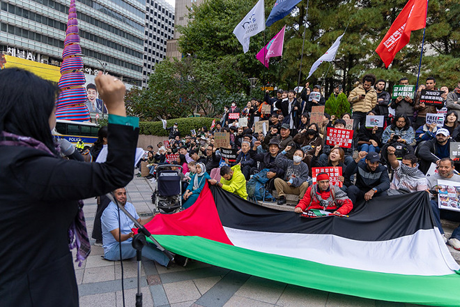 팔레스타인 연대 시민사회 긴급행동의 집회.. (사진 출처 = 팔레스타인평화연대)<br>