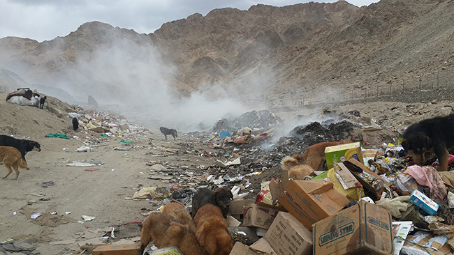 인도 라다크의 쓰레기장. 쓰레기를 버리면 개들이 와서 먹고, 태웠다.&nbsp;©신혜정<br>