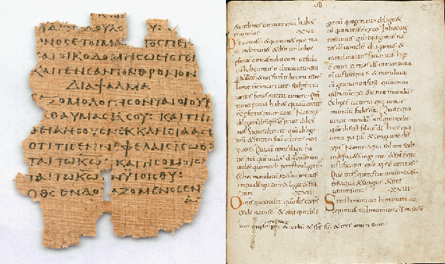 (왼쪽부터) 이집트에서 작성한 칠십인역 시편 88편 4-8절 내용이 담긴 파피루스 조각 . (이미지 출처 = The Duke Papyrus Archive)&nbsp;하단 여백에 Johanneum 쉼표가 있는 8세기 불가타 사본. (이미지 출처 =&nbsp;en.wikipedia.org)