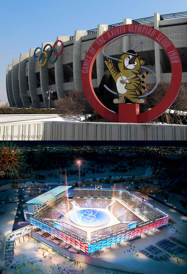 (위) 1988년 서울올림픽 경기장. (아래) 2018년 평창올림픽 경기장. (사진 출처 = Flickr, english.visitseoul.net)