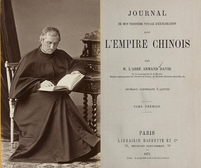(왼쪽) 아르망 다비드(Jean-Pierre-Armand David). 1826년 9월 7일 프랑스 바스크 지방의 에스펠레트에서 태어났다. 프랑스와 스페인 국경에 있는 피레네 산맥의 대서양 쪽 지역으로 바욘 근처다. 독특한 문화와 역사를 간직한 도시로 오래된 교회와 궁전, 매혹적인 박물관과 갤러리로 가득하다. 다비드 가족은 이 지역에서 가장 성공한 가문 중 하나였다. 치안판사이자 의사였던 아버지 도미닉(Dominique David)은 세 아들을 자연에 대한 애정과 호기심이 가득하도록 키웠다. 아버지의 교육과 사랑은 다비드에게 깊은 영향을 미쳤다. (오른쪽) 다비드가 1875년에 출판한 “청 제국에서의 세 번째 탐사 일지”(Journal de mon troisième voyage d’exploration dans l’Empire chinois). 이 책의 제31장은 중국 내 동물의 분포를 카테고리로 묶어 설명하고 있다. (이미지 출처 = Wikipédia, Biodiversity Heritage library)<br>