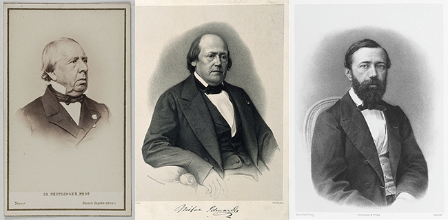 (왼쪽) 프랑스의 중국학자 스타니슬라스 줄리앙(Stanislas Julien)의 초상화. 그의 이름을 딴 상이 바로 스타니슬라스 줄리앙 상(Prix Stanislas Julien)이다. 프랑스에서 해마다 가장 우수한 중국학 연구서에 수여하는 상으로 1872년에 만들어졌다. 프랑스 인문학회(Académie des Inscriptions et Belles-Lettres)가 수상작을 선정하며, 첫 번째 수상작은 1875년 제임스 레그(James Legge)의 "The Chinese Classics"이었다. 이후로도 쿠랑(Maurice Courant), 샤반느(Edouard Chavannes), 그라네(Marcel Granet), 마스페로(Henri Maspero), 니덤(Joseph Needham), 쉬페르(Kristofer Schipper) 등 유럽 최고의 중국학자들이 쓴 연구서가 선정되었다. (중간) 프랑스 국립자연사박물관의 동물학자 밀느-에드와(Henri Milne-Edwards). (오른쪽) 식물학자 에밀 블랑샤르(Émile Blanchard). (이미지 출처 = Paris musées collections, prabook.com, fineartamerica.com)<br>