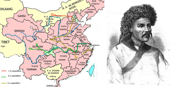 (왼쪽) 다비드가 탐사한 지역과 경로. 붉은색 실선이 1차 탐사 경로. 녹색 실선이 2차 탐사 경로. 노란색 실선이 3차 탐사 경로다. (오른쪽) 다비드의 1차 탐사를 안내한 삼다첸바(桑達欽巴) 초상화. 그는 30년 전에 가베(Gabet)와 윅(Huc)을 티베트로 안내한 경험이 있었다. (이미지 출처 = Wikipédia, Vincentian sources)<br>