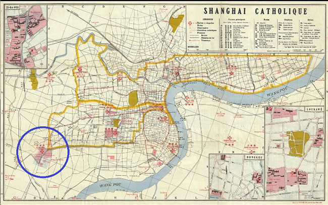 상해 서가회 프랑스 예수회가 작성한 ‘상해 천주교 지도’(1933). 파란색 동그라마로 표시한 곳이 서가회다. 19세기 프랑스 예수회의 중국 선교 베이스캠프이자 핵심 기지였다. 서가회성당은 강남대목구의 주교좌 성당이었다. (이미지 출처 = 프랑스국립도서관)