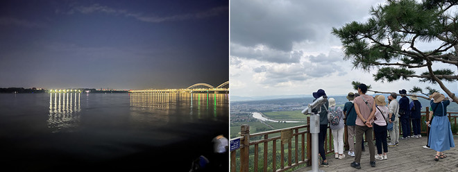 (왼쪽부터) 하얼빈 송화강변. 순례단이 일송정에서 해란강을 내려다보고 있다. ⓒ2024만주평화순례단<br>