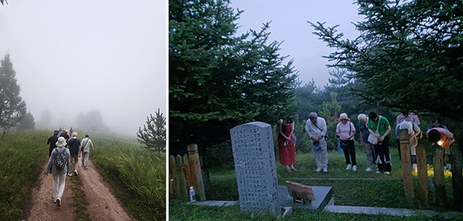 (왼쪽부터) 순례단이 묘지를 찾아가고 있다. 윤동주 묘소 앞에서 참배하고 있다. ⓒ2024만주평화순례단<br>