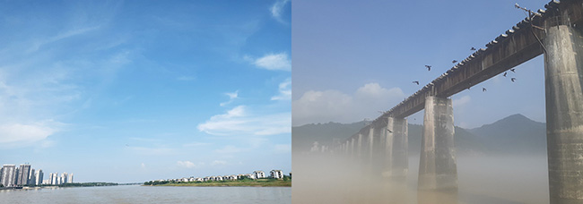 (왼쪽부터) 압록강에서 바라 본 중국과 조선의 모습. 선상에서 바라본 안개 낀 압록강. 새들이 날고 있다. ⓒ2024만주평화순례단