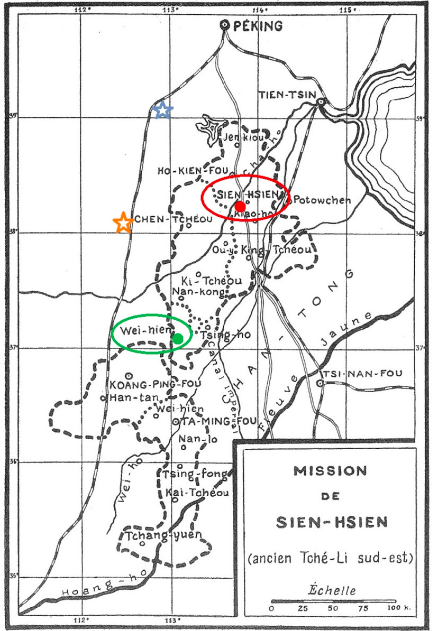 직예동남대목구 지도. 대목구는 굵은 점선 안쪽 영역으로 남북으로 길게 뻗어 있다. 지도 맨 위에는 북경(Péking)이 있고, 그 아래 남동쪽에 천진(Tien-Tsin)이 있다. 천진 서쪽에 청회색 별표로 표시한 곳이 보정(保定, 바오딩)이다. 철도선을 따라 남으로 내려가면 있는 주황색 별표가 하북성의 성도(省都)인 석가장(石家莊, 스자좡)이다. 보정 안가장(安家莊)에서 물리 주교가 랑기야를 주교로 성성했다. 랑기야는 위현(威縣) 조가장(趙家莊)을 대목구 본부로 정하고 활동을 시작했다. 초록색 점으로 표시한 곳이 위현(Wei-hien)이다. 1860년 랑기야는 본부를 헌현(獻縣) 장가장(張家莊)으로 옮기고, 거기에 주교좌 성당을 세웠다. 붉은색 점으로 표시한 곳이 헌현(Sien-Hsien)이다. 대목구는 크게 북쪽과 남쪽 지역으로 나뉜다. 북쪽에는 하간부(河間府, Ho-Kien-Fou)가 있었고, 남쪽에는 광평부(廣平府, Koang-Ping-Fou)와 대명부(大名府, Ta-Ming-Fou)가 있었다. 광평부와 대명부에도 큰 규모의 성당(église)이 있었다. (이미지 출처 = Pierre Mertens & Maurice Cannepin, “Gerbes Chinoises”, 河北献县天主堂, 1934)