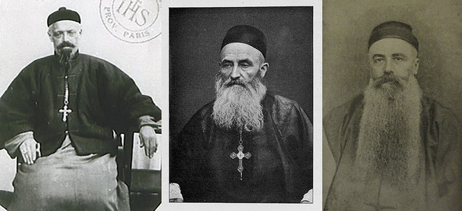 (왼쪽) 강남대목구 초대 주교 보르니에(André Pierre Borgniet, 年文思, 1811-62). 1862년 그는 직예동남 헌현을 방문했다가 콜레라에 걸려 사망했고, 헌현 운태산에 안장되었다. 랑기야가 보르니에의 후임으로 결정되어 강남대목구 제2대 주교로 옮겨갔고, 랑기야에 이어 직예동남의 제2대 주교가 된 이가 뒤바(Dubar) 신부였다. (중간) 직예동남대목구 제3대 주교 앙리 불테(Henri-Joseph Bulté, 1830-1900). (오른쪽) 제4대 주교 앙리 마케(Henri Maquet). 현재 이들의 묘비는 모두 헌현 운태산 선교사 묘지에 있다. (이미지 출처 = Wikipedia, 프랑스국립도서관, “En Chine, au Tché-ly S.-E., une mission d'après les missionnaires”, Paris, 1900)<br>