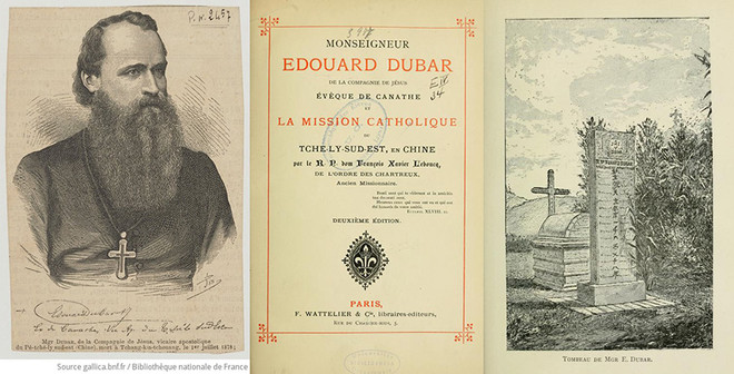 (왼쪽부터) 직예동남대목구 제2대 주교 에두아르 뒤바(Édouard Dubar). 르부크(Leboucq) 신부가 집필한 책, “뒤바 주교와 직예동남에서의 선교”(Paris, 1880.) 표지. 책에 나오는 삽화로 헌현 운태산에 있었던 뒤바 주교 묘소 풍경. (이미지 출처 = 프랑스국립도서관, 오타와대학(University of Ottawa) 도서관)