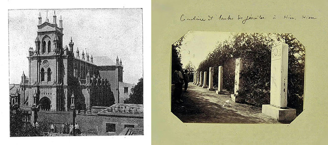 (왼쪽) 헌현 장가장 주교좌 성당 모습. 1863년 공사를 시작해 1866년에 완공되었다. 웅장한 고딕식 건축이었다. 사람들은 ‘헌현총당’이라고 불렀는데, 규모가 상당하여 ‘화북제일당’(華北第一堂)이라는 명성이 있었다. (오른쪽) 1900년 즈음의 운태산 선교사 묘지 풍경. (이미지 출처 = “En Chine, au Tché-ly S.-E., …”(1900). 獻縣敎區)