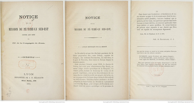 보르페르(Gabriel de Beaurepaire)가 쓴 “직예동남 선교보고서”(“Notice sur la Mission du Pé-Tché-Ly Sud-Est”). 1873년 리옹에서 출판되었다. (이미지 출처 = 프랑스국립도서관)