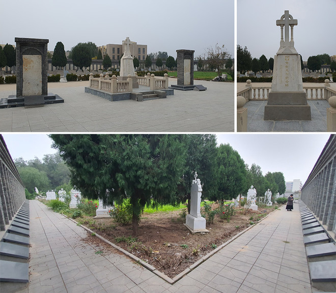 오늘날 운태산 선교사 묘지. 전면에서 본 풍경이다. 가운데가 ‘전교선현기념비’(傳敎先賢紀念碑)고, 양옆에 선 것이 두 분의 순교자 묘비다. 왼쪽 것이 이졸레(Rémi Isolé) 신부. 오른쪽 것이 앙드로에(Modeste Andlauer, 路懋德, 1847-1900) 신부. 1900년 의화단 운동 때 화를 당했다. 2000년 10월 1일에 교황 요한 바오로 2세가 두 사람을 시성했다. 아래 사진은 묘지 안쪽에서 본 풍경. ⓒ오현석<br>