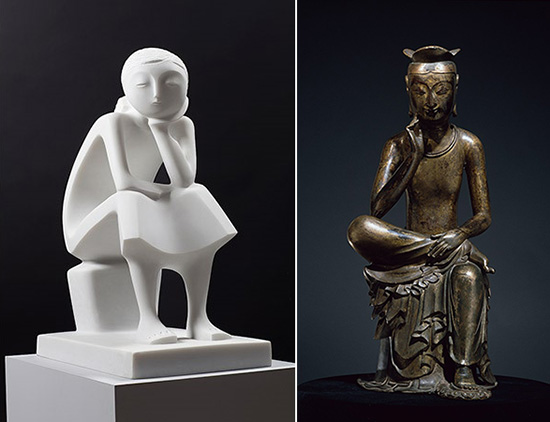 (왼쪽) 최종태, '생각하는 사람', 대리석, 2012. (오른쪽) 금동 미륵 보살 반가사유상.(국보 제83호) (사진 출처 =&nbsp;ko.wikipedia.org)