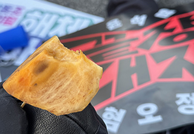 1월 11일 집회 중, 옆에 앉아 있던 60대 여성분이 감을 깎아 나눠 주셨다. 이외에도 귤, 쥐포 등 다양한 간식을 받았다.&nbsp;©이보나&nbsp;