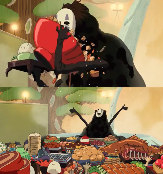 먹을수록 배가 고파 급기야 사람들까지 삼켜버린 가오나시. (이미지 출처 = '센과 치히로의 행방불명' 동영상 갈무리)