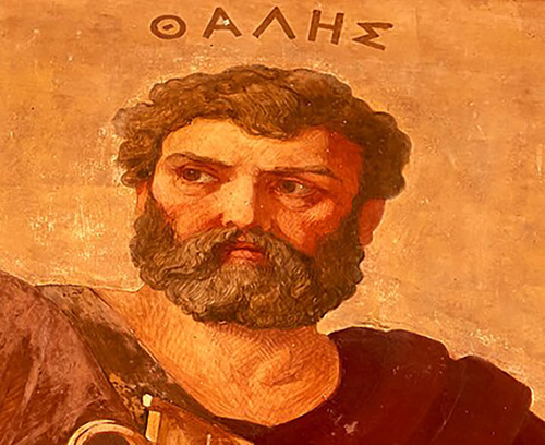 아테네 국립 카포디스트리아 대학교 건물에 있는 탈레스 그림. 19세기 화가 칼 라흘과 에드워드 레비에츠키가 그렸다.&nbsp; (사진 출처 =&nbsp;commons.m.wikimedia.org)