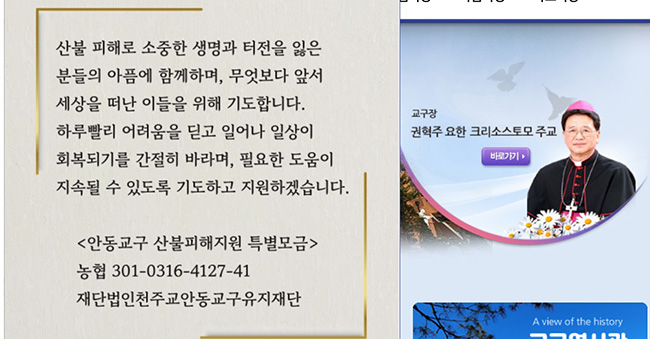26일 안동교구에서 산불 피해 지원 특별 모금을 공지했다. (이미지 출처 = 안동교구 누리집 갈무리)&nbsp;