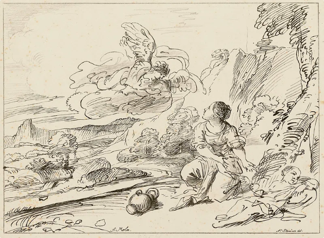 내쫓긴 하갈과 이스마엘. 광야에서 곧 죽게 되자 목놓아 우는 하가르에게 주님의 천사가 나타났다. (이미지 출처 = Getty Museum)