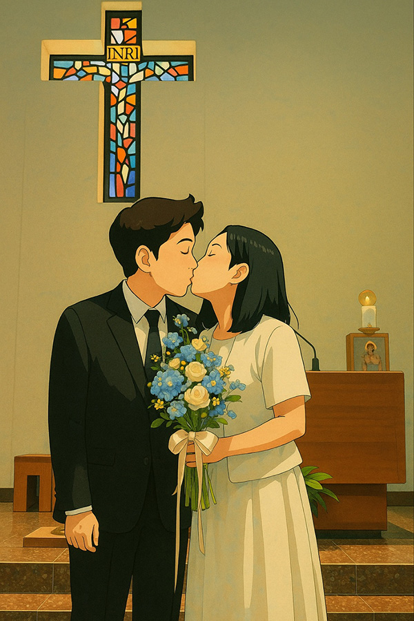 강보에 쌓인 아기 때부터 알고 지냈던 대자가 관면 혼배를 하였습니다. 신부와 키스를 나누는 모습이 아름다웠습니다. 실제 사진을 공개할 수는 없어서 폰으로 담은 사진을 AI를 통해 그림으로 변환했습니다. ©장영식<br>