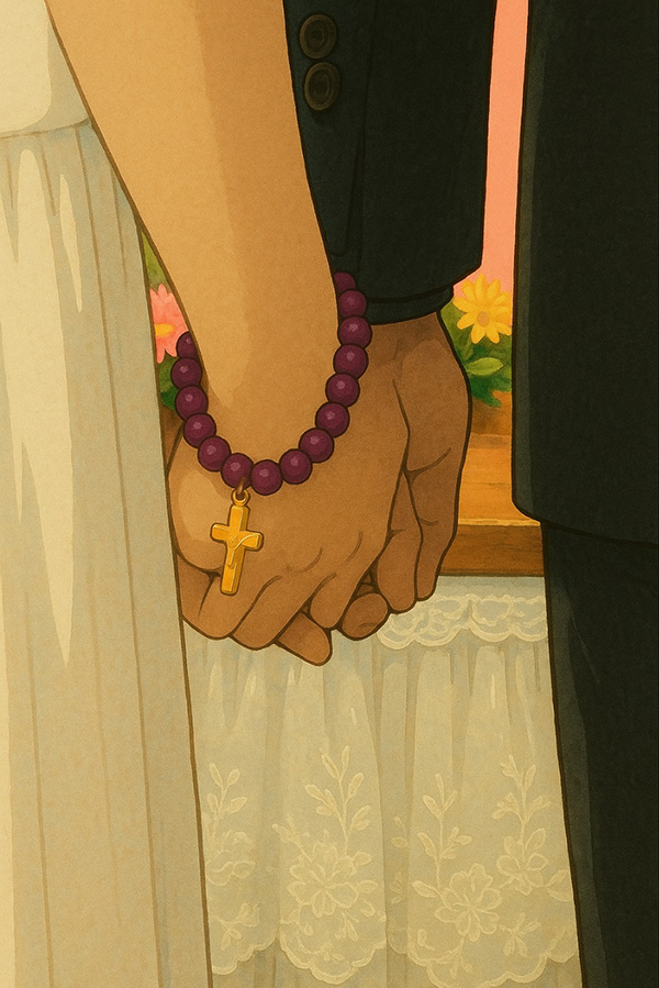 관면 혼배 중에 신랑과 신부는 잡은 손을 놓지 않고 있었습니다. 신부는 안해가 스페인 여행에서 구했던 작은 묵주를 차고 있었습니다. ©장영식<br>