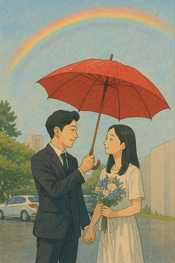 비에 젖은 성당 마당 위로 무지개가 피었습니다. 신랑과 신부의 용기 있는 출발을 축복하는 듯했습니다. ©장영식