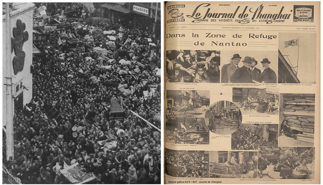 1937년 상해 전투가 일어나자 조계 주변에 수많은 피난민이 몰려들었다. (왼쪽) 조계 입구에 몰려든 난민들. (오른쪽) 상해 프랑스 조계에서 발행하는 신문인 ‘le Journal de Shanghai’에 실린 ‘남시 난민 구역’ 관련 기사. (이미지 출처 = Facultés Loyola de Paris)<br>