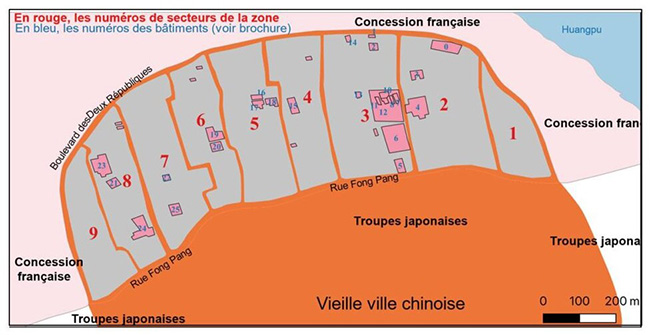 ‘난민 구역’ 세부 구획도. 난민 구역은 9개 소구역으로 나뉘어져 관리되었다. 그림에서 3번 구역이 예원과 성황묘가 있는 곳이다. 거기서 숫자 6과 12가 예원이고, 5라고 적힌 건물이 성황묘다. 당시 성황묘는 식량 보급소로 사용되었다. 난민 구역을 둘러싸고 있는 북쪽 분홍색 지역은 프랑스 조계이고, 남쪽 주황색 지역은 일본군 주둔지였다. 지금의 방빈중로(方浜中路)를 사이에 두고 그 남쪽에 일본군이 있었던 것이다. (이미지 출처 = Facultés Loyola de Paris)<br>