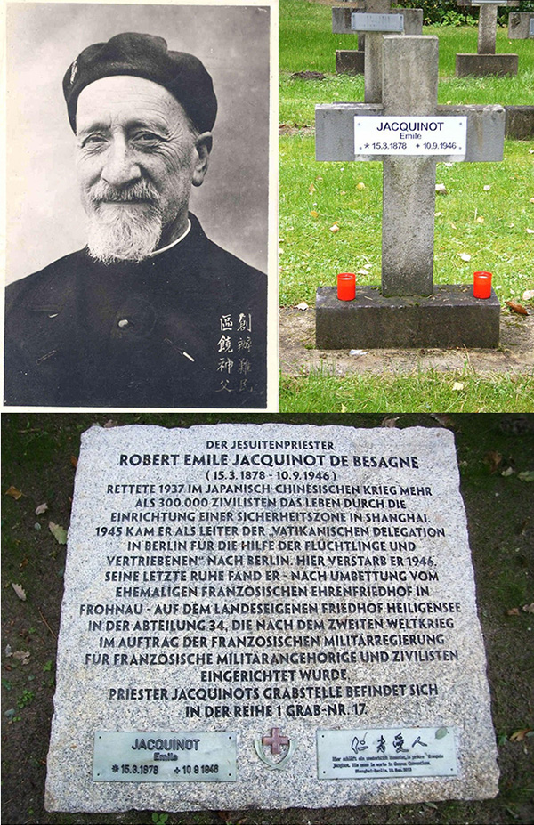 (왼쪽) 상해 프랑스 예수회 선교사 로베르 자퀴노 드 베상주. (사진 출처 = <u>rugby.sudouest.fr)<br></u>(오른쪽과 아래) 자퀴노 신부 묘비와 십자가. 그는 1946년 9월 10일 베를린에서 병으로 세상을 떴다. 향년 68세였다. 그의 이야기는 시간이 지나면서 점차 역사의 먼지 속으로 묻혀 갔다. 영화 ‘쉰들러 리스트’ 이야기를 기억하는 이들은 많다. 하지만 자퀴노의 이야기를 아는 이들은 매우 드물다. (이미지 출처 = <u>gedenktafeln-in-berlin.de)</u><br>