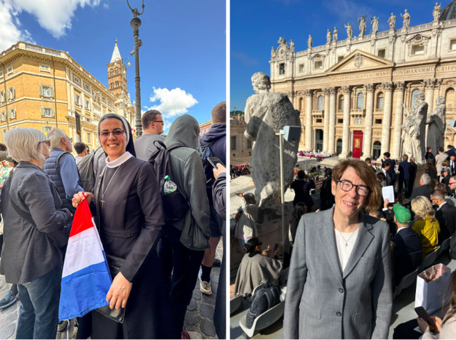 (왼쪽부터) 제니퍼 파디야 누녜스 수녀가 프란치스코 교종 안장 직전인 2025년 4월 26일 로마 산타 마리아 마조레 성당 앞에서 고국 코스타리카 국기를 들고 있다. (사진 출처 = GSR, Rhina Guidos) 같은 날 바티칸 성 베드로 광장에서 프란치스코 교종 장례 미사가 열리기 전에 필라델피아의 메리 스컬리언 수녀 모습. (사진 제공 = 메리 스컬리언)<br>