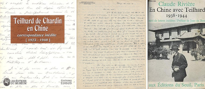 (왼쪽) 2004년 파리에서 출판된 샤르댕의 서신집. 샤르댕이 스승인 불르에게 보낸 편지 모음이다. 프랑스 고인류생물학연구소(Institut de paléontologie humaine)에 소장되어 있던 자료다. (중간) 1936년 3월 18일 샤르댕이 중국에서 쓴 편지. 상단 좌측에 ‘Department of Anatomy, Peking Union Medical College’라는 인쇄 문구가 있다. 북경협화의학원(北京協和醫學院) 해부학과다. 캐나다인 고인류학자 데이비드 블랙(Davidson Black, 步達生, 1884-1934)이 해부학과장으로 일한 곳이다. 블랙은 주구점 발굴을 시도한 안데르손과 긴밀히 협력했다. 특히 록펠러재단의 재정 지원은 그가 재단 측에 제안하여 성사된 것이었다. 샤르댕이 북경에 머문 시절에 협화의학원에서 많은 도움을 받았다. (오른쪽) 클로드 리비에르가 중국에 있던 시절에 샤르댕과 교류한 이야기를 쓴 책. 1968년에 출판되었다. 리비에르는 중일전쟁기에 중국에 있었던 이다. 그 기간에 샤르댕과 매우 가깝게 교류했단다. 샤르댕이 "인간 현상"(Le Phénomène humain)을 집필하고 있을 시기였다. 두 사람이 나누었던 이야기들과 교류했던 흔적이 담겨 있다. (이미지 출처 = amazon.co.uk, librairie-pinault.com, amazon.fr)