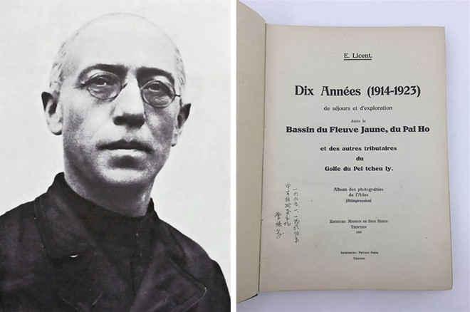 (왼쪽) 에밀 리쌍(Émile Licent). 직예동남대목구 선교사로 프랑스 예수회 사제이자 고생물학자였다. 내몽골 오르도스 사라오소골 유적에서 그가 ‘허타오인’ 화석을 발견했다. 당시 유럽 고고학계를 한껏 술렁이게 한 발견이었다. 천진 북강박물원은 그가 심혈을 쏟아 이룩한 성과다. (오른쪽) 1924년에 나온 책 “황하 유역과 북직예 만의 기타 지류에서의 10년(1914-1923)”. 리쌍이 10년간 진행한 황하(黃河) 유역 탐사 기록을 정리한 것이다. 총 4권으로 1500페이지에 달하는 책이었다. 이 연구로 그는 큰 명성을 얻었다. (사진&nbsp;출처 = 北疆博物院, iberlibro.com)