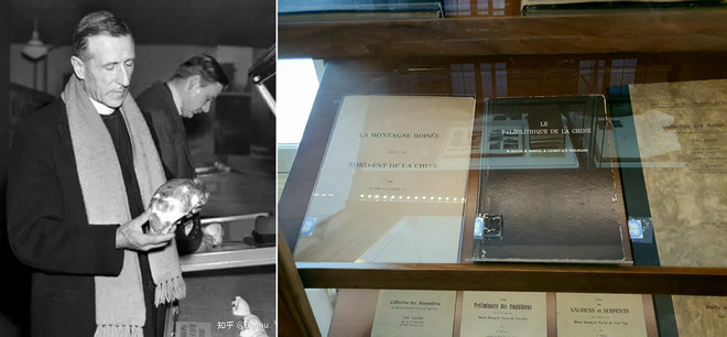 (왼쪽) 샤르댕이 주구점에서 발굴된 북경원인 화석 표본을 들고 있는 모습. (오른쪽) 북강박물원 도서실에 전시된 리쌍의 저술. 중간에 있는 검은색 표지 책이 “중국 구석기 시대”(Le Paléolithique de la Chine, Archives de l'institut de paléontologie humaine)다. 불르, 브뢰이(Breuil), 샤르댕, 리쌍 네 사람이 공동으로 쓴 책으로 1928년 파리에서 출판되었다. 이 책으로 인해 불르와 리쌍은 크게 다투었고 관계를 절연했다. 이 책에서 불르는 중국 현지 조사에서 리쌍이 공헌한 내용을 거의 언급하지 않았다. 리쌍은 불르에게 따졌으나 책 내용은 수정되지 않았다. 불르는 자신의 연구만을 따로 떼어 동일한 제목으로 천진에서 다시 출판했다. (사진 출처 = 북강박물원, ⓒ오현석)