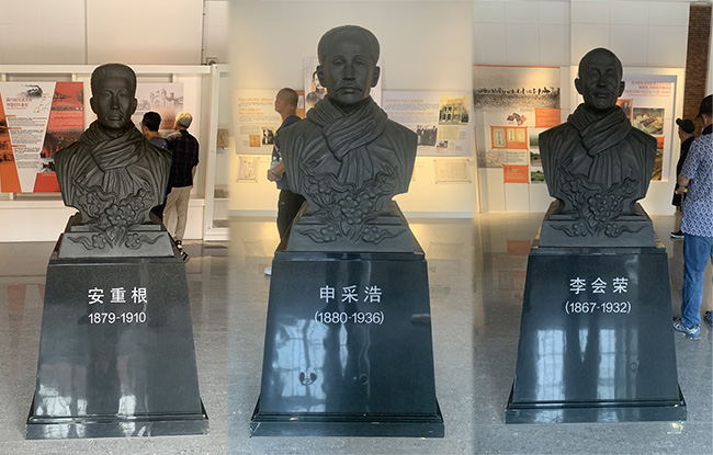 (왼쪽부터) 안중근 의사, 신채호 선생, 이회영 선생의 흉상. ⓒ2025 만주평화순례단<br>