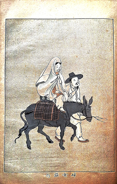 '婦女旅行'(부녀여행), 오른쪽을 향해 말을 타고 가는 모습에서 왼쪽을 향하는 모습으로 변형했다. 옆에서 걸어가는 남자에 수염을 추가함.&nbsp;©강덕상자료센터