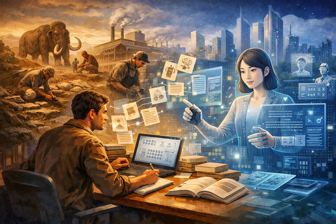 신석기부터 인공지능 시대까지 달라진 인간 노동. (그림 생성 = 챗지피티)