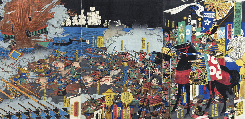 삼한정벌지도(三韓征伐之圖). 실제로는 청일전쟁을 묘사하고 있음에도 불구하고, 제목에 '삼한정벌'이라는 표현을 쓴 점이 독특하다. 이는 진구황후의 전설적인 삼한정벌 설화를 차용한 것으로, 당시 메이지 일본이 한반도에서의 군사 행동을 정당화하고 영웅적인 역사와 연결하려 했던 민족주의적 의도가 담겨 있다.&nbsp;©강덕상 자료센터