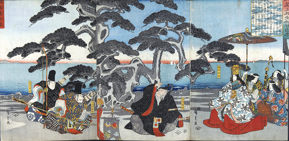 진구황후의 삼한정벌 전설을 묘사한 일본의 전형적인 3장 구성 목판화. 오른쪽 화면에서 화려한 우산 아래 앉아 있는 인물이 진구황후. 보통 무장한 모습으로 그려지기도 하지만, 여기서는 권위 있는 황실의 의복을 입고 있다. 중앙에 앉아 있는 흰 수염 노인은 다케우치노 스쿠네(武内宿禰). 5대 천황을 섬겼다는 전설적인 충신이자 정치가로, 진구황후의 조력자로 항상 등장한다. 왼쪽에서 활과 화살을 들고 있는 인물은 오토모노 가나무라(大友金村). 황후를 보필하는 고위 장수나 수호신을 상징한다.&nbsp;©강덕상 자료센터