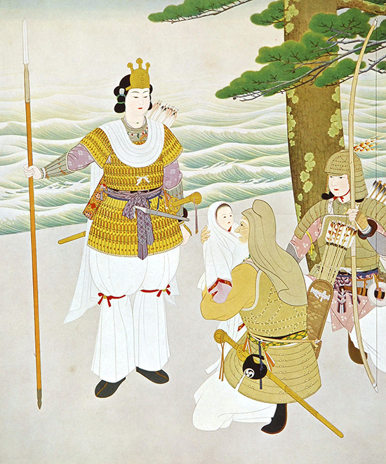 진구황후와 그의 충신 다케우치노 스쿠네(武內宿禰), 그리고 훗날 오진 천황이 되는 갓 태어난 아기를 묘사한 그림. 진구황후는 갑옷을 입고 긴 창을 든 여전사의 모습으로 등장한다. 전설에 따르면 그는 임신한 몸으로 삼한정벌을 주도했다고 전해진다. 가운데 무릎 꿇은 다케우치노 스쿠네는 황후를 보좌한 전설적인 충신으로, 아기(훗날의 오진 천황)를 소중하게 안고 있다. 파도가 치는 해안가와 소나무는 황후가 한반도에서 돌아와 규슈 지역에서 아기를 낳았다는 전설의 배경을 시각화한 것이다.&nbsp;©강덕상자료센터