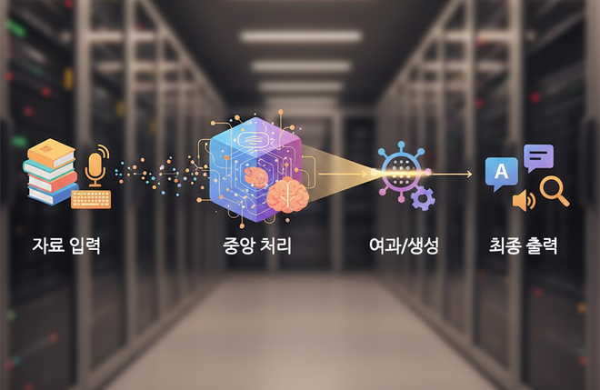 대규모 언어 모델(LLM) 인공 지능은&nbsp;학습 자료를 기반으로 언어의 구조와 의미를 학습하고, 주어진 문맥에 따라 다음에 올 단어를 추론하는 방식으로 작동한다. (그림 생성 = 제미나이)