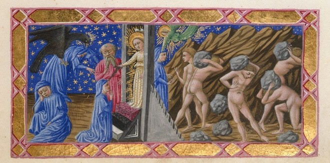 "신곡" 제9곡의 삽화. 연옥의 문 앞에서 단테와 베르길리우스, 그리고 무거운 돌을 나르는 오만한 자들을 묘사했다. (그림 출처 = picryl.com)